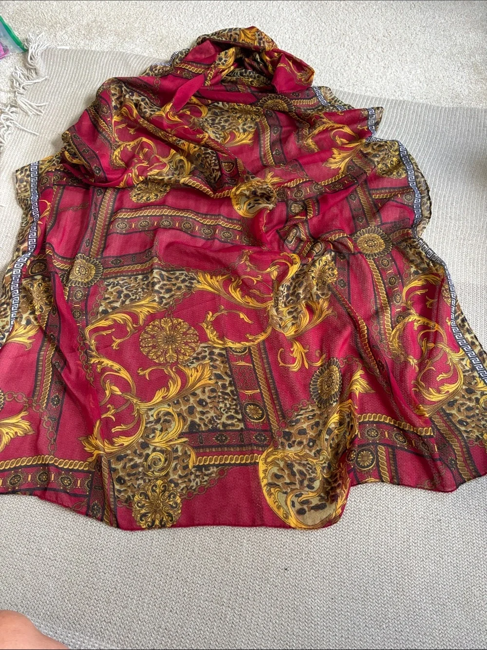 Luxurious Red & Gold Baroque-Print Women's Scarf Wrap 43”x70”